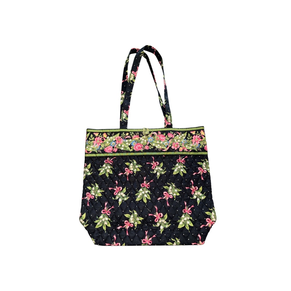 Vera Bradley New Hope Quilted Cotton Tote Bag Black Floral Pink Bows Holiday